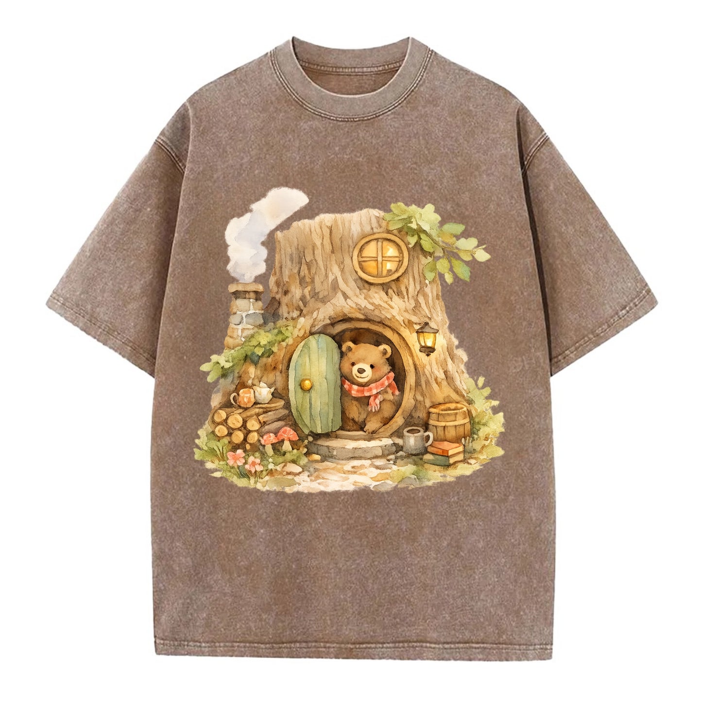 TREE HOME | Bear's home in hollow tree | Round door | Chimney smoke | Woodland - Vintage T-shirt - Brown