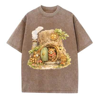 TREE HOME | Bear's home in hollow tree | Round door | Chimney smoke | Woodland - Vintage T-shirt - Brown
