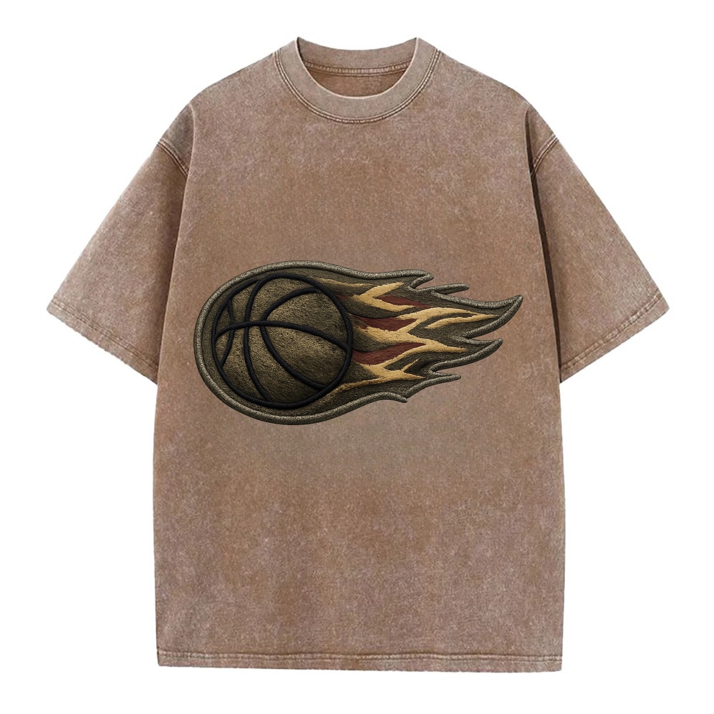 Embroidered patch design - BASKETBALL FLAMING BALL - basketball with flames in - Vintage T-shirt - Brown
