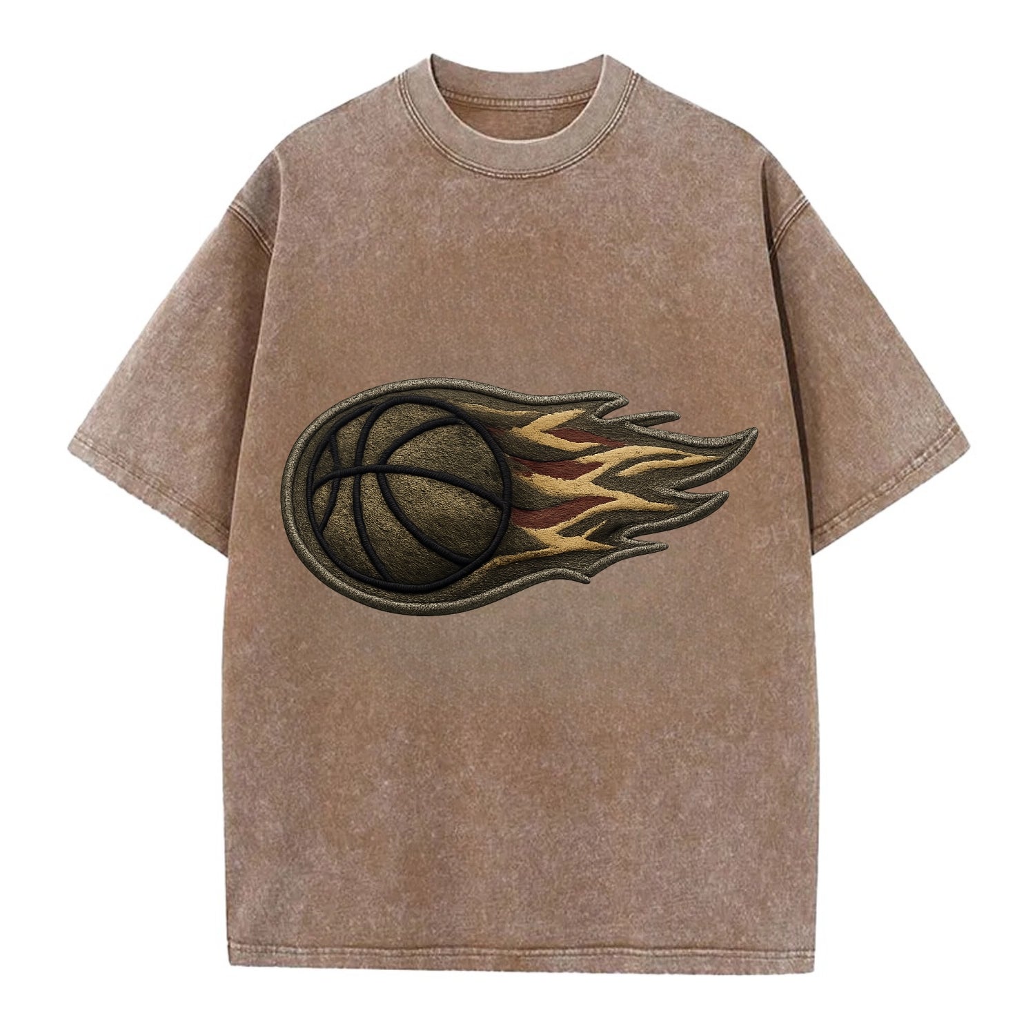 Embroidered patch design - BASKETBALL FLAMING BALL - basketball with flames in - Vintage T-shirt - Brown