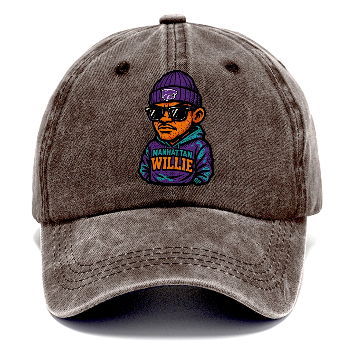 Manhattan Willie wearing Kansas State beanie with powercat patch - Classic Cap - Brown