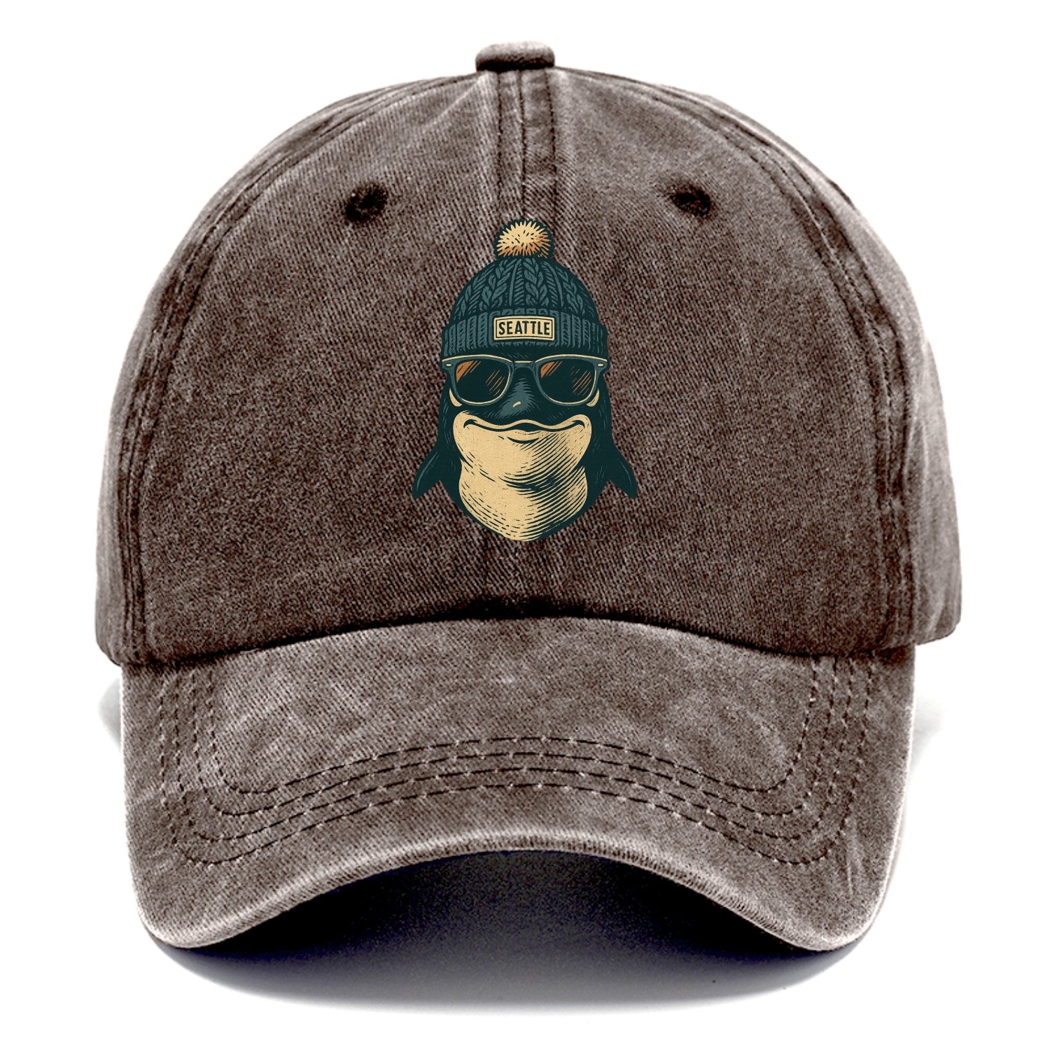 Washington Orca wearing Seattle beanie with pom pom and wayfarer sunglasses - Classic Cap - Brown
