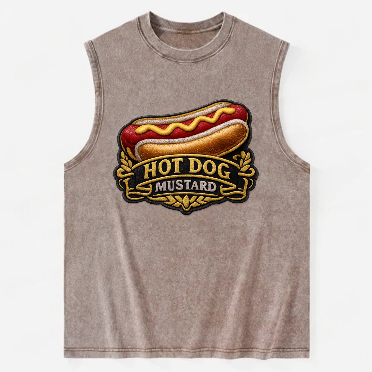 HOT DOG MUSTARD - classic hot dog in tan yellow red , ballpark food - Vintage Washed Tank - Brown