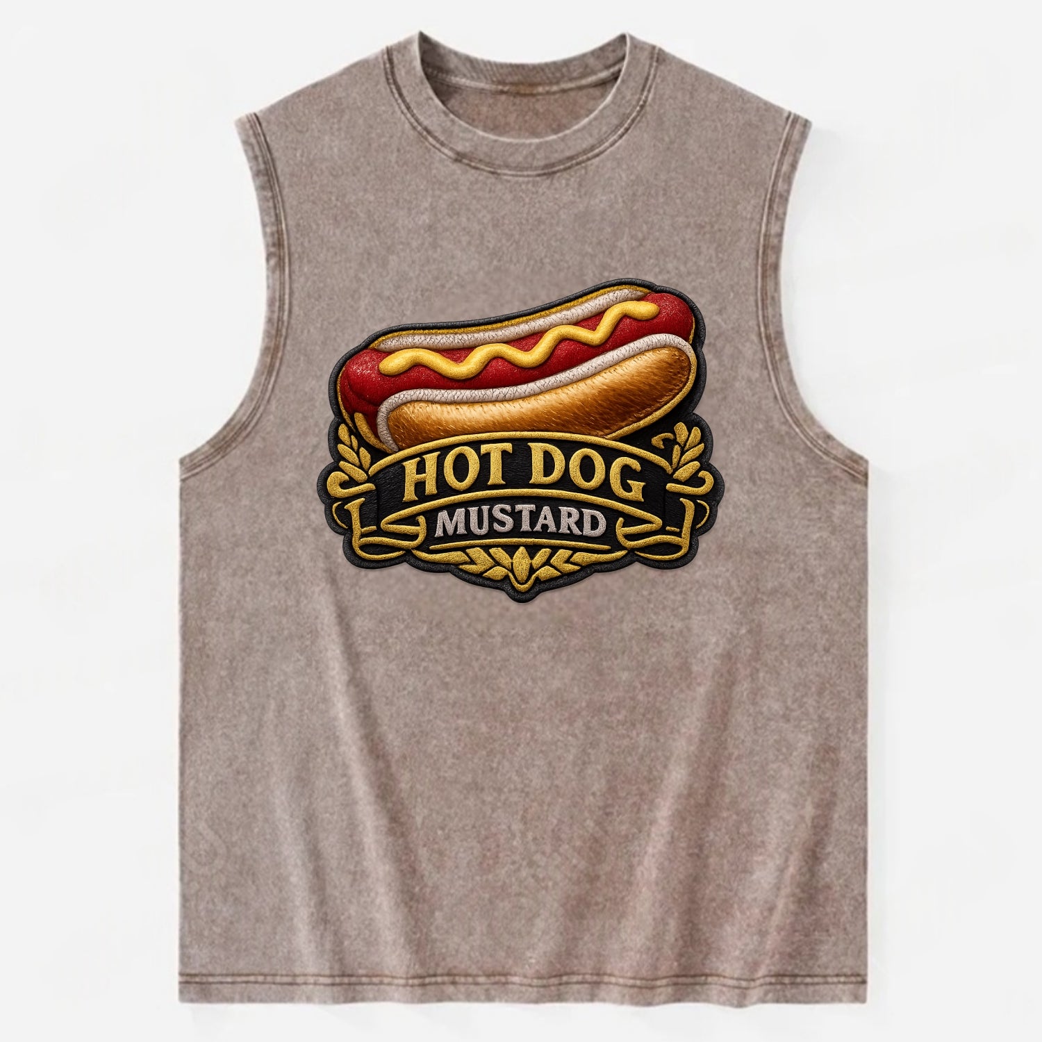 HOT DOG MUSTARD - classic hot dog in tan yellow red , ballpark food - Vintage Washed Tank - Brown