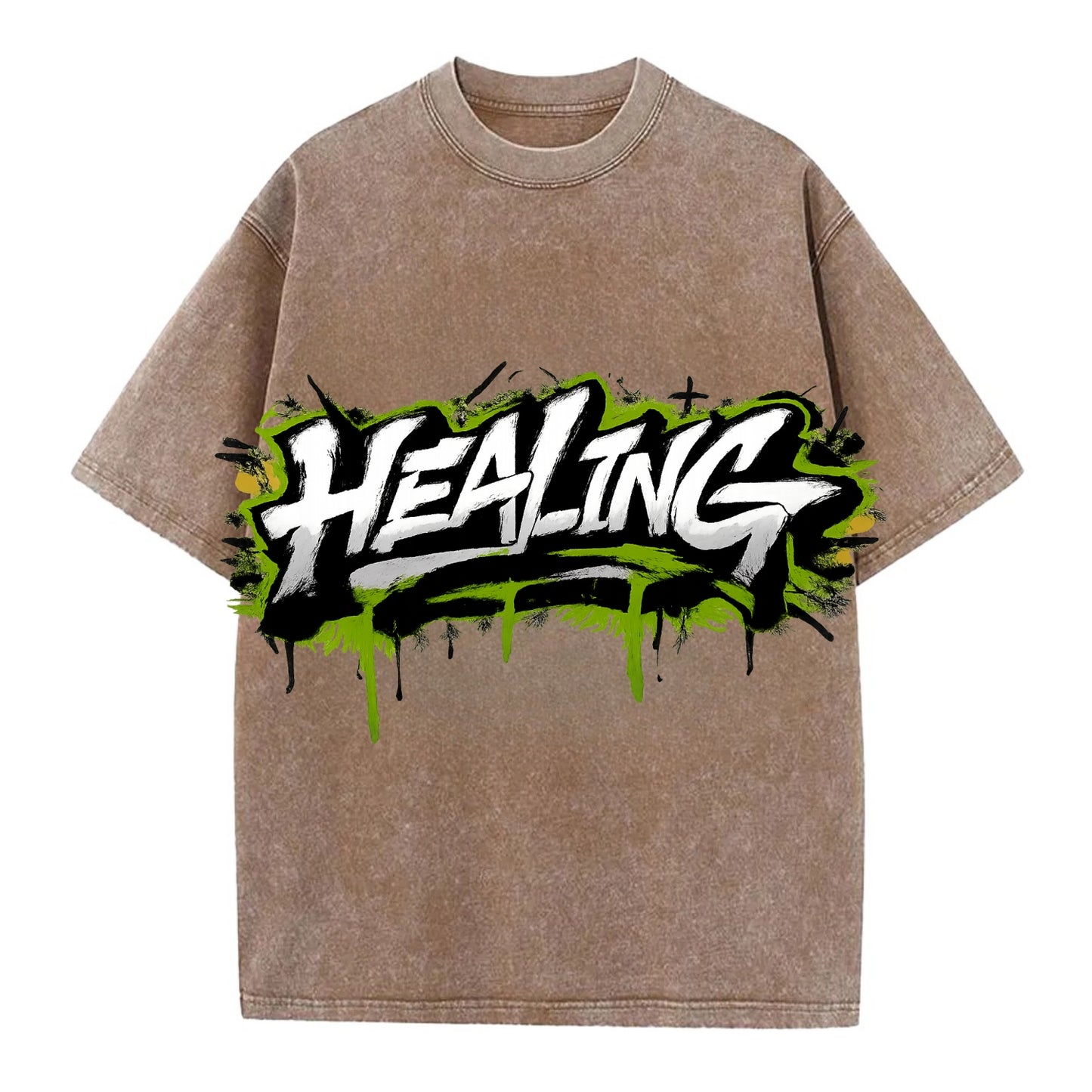 Bold typography design - "HEALING" - in recovery, getting better - Vintage T-shirt - Brown