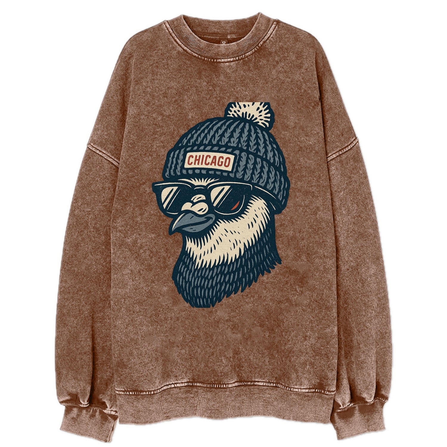 Chicago Pigeon wearing Chicago beanie with pom pom and wayfarer sunglasses - Vintage Sweatshirt - Brown