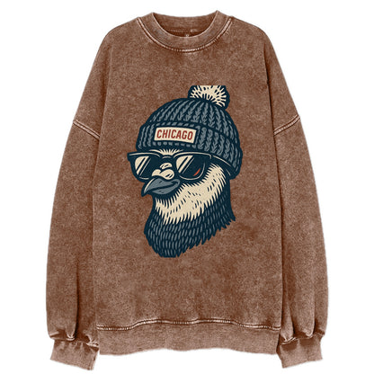 Chicago Pigeon wearing Chicago beanie with pom pom and wayfarer sunglasses - Vintage Sweatshirt - Brown