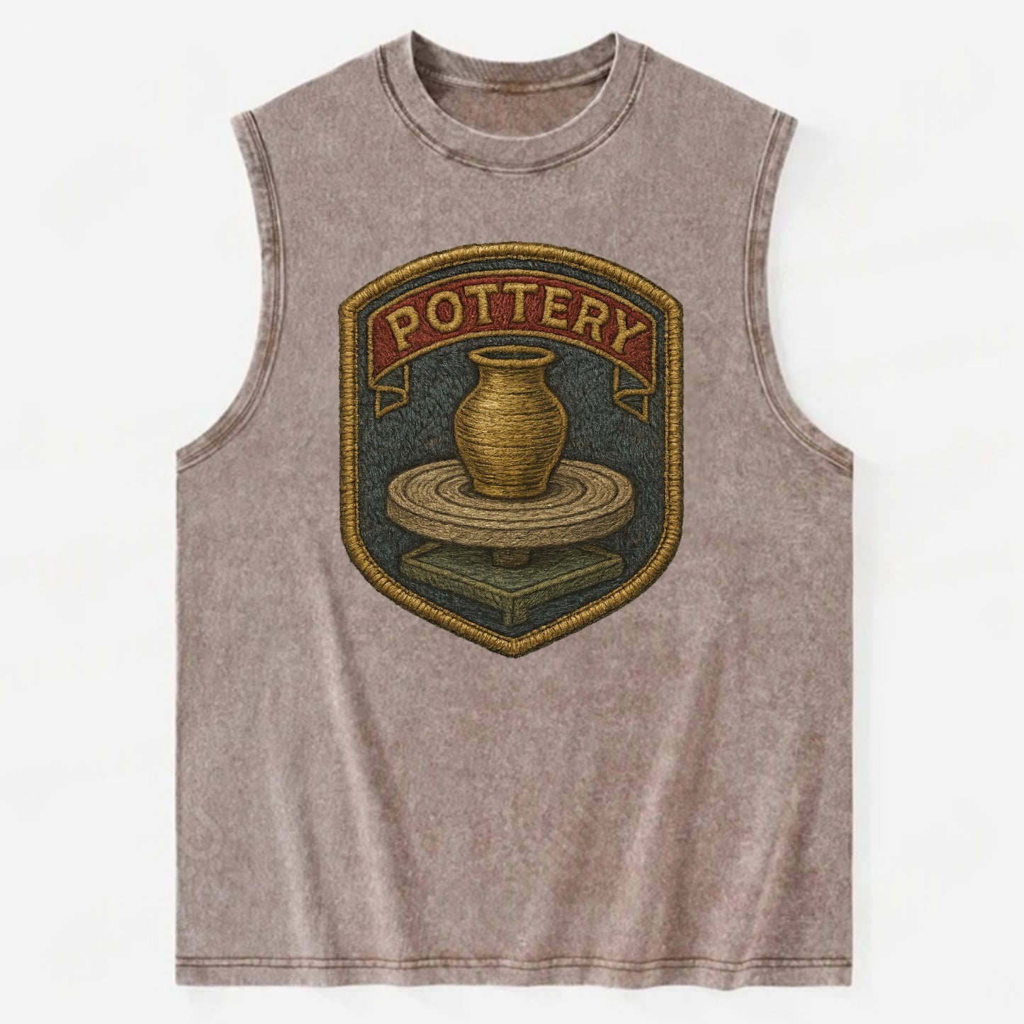 Pottery wheel with clay vessel - ceramicist symbol - Vintage Washed Tank - Brown