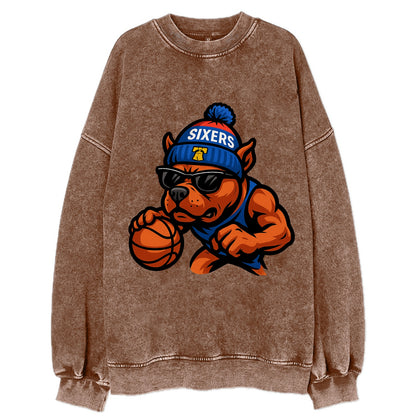 Philly Pitbull wearing Sixers beanie with Liberty Bell and wayfarer sunglasses - Vintage Sweatshirt - Brown