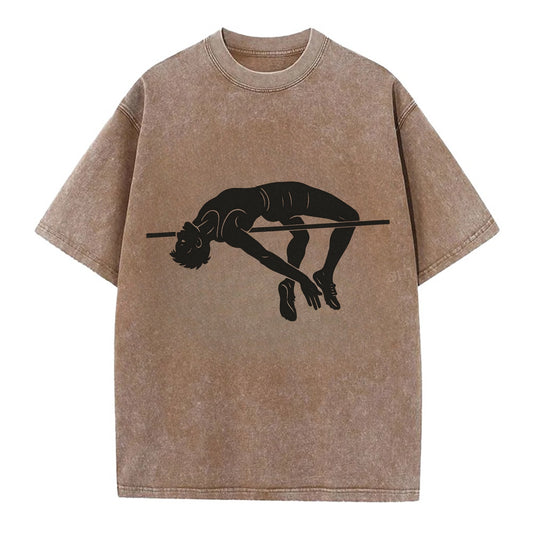 High jumper arching over bar - Vintage T-shirt - Brown