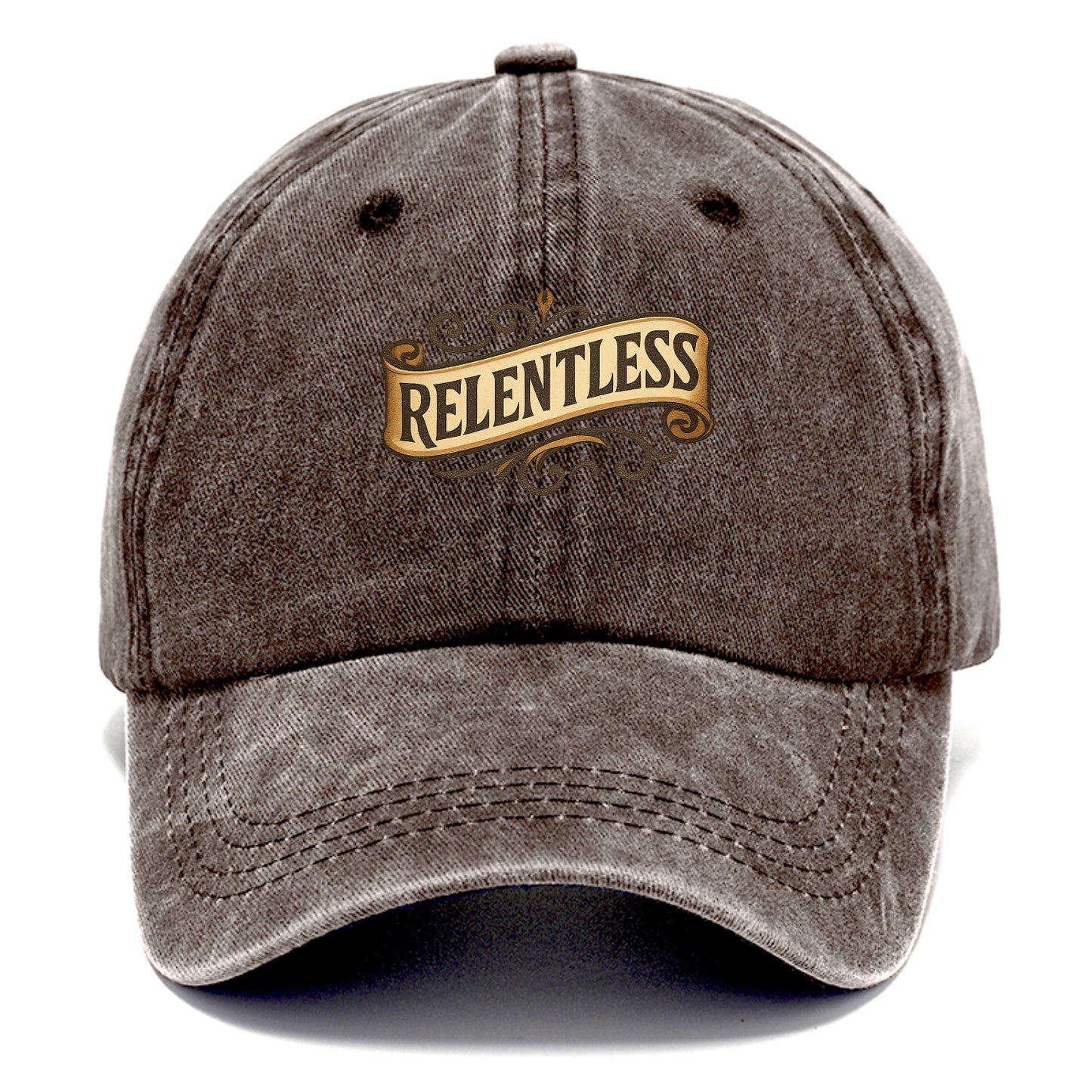 Bold typography design - "RELENTLESS" - never giving up, persistent pursuit - Classic Cap - Brown