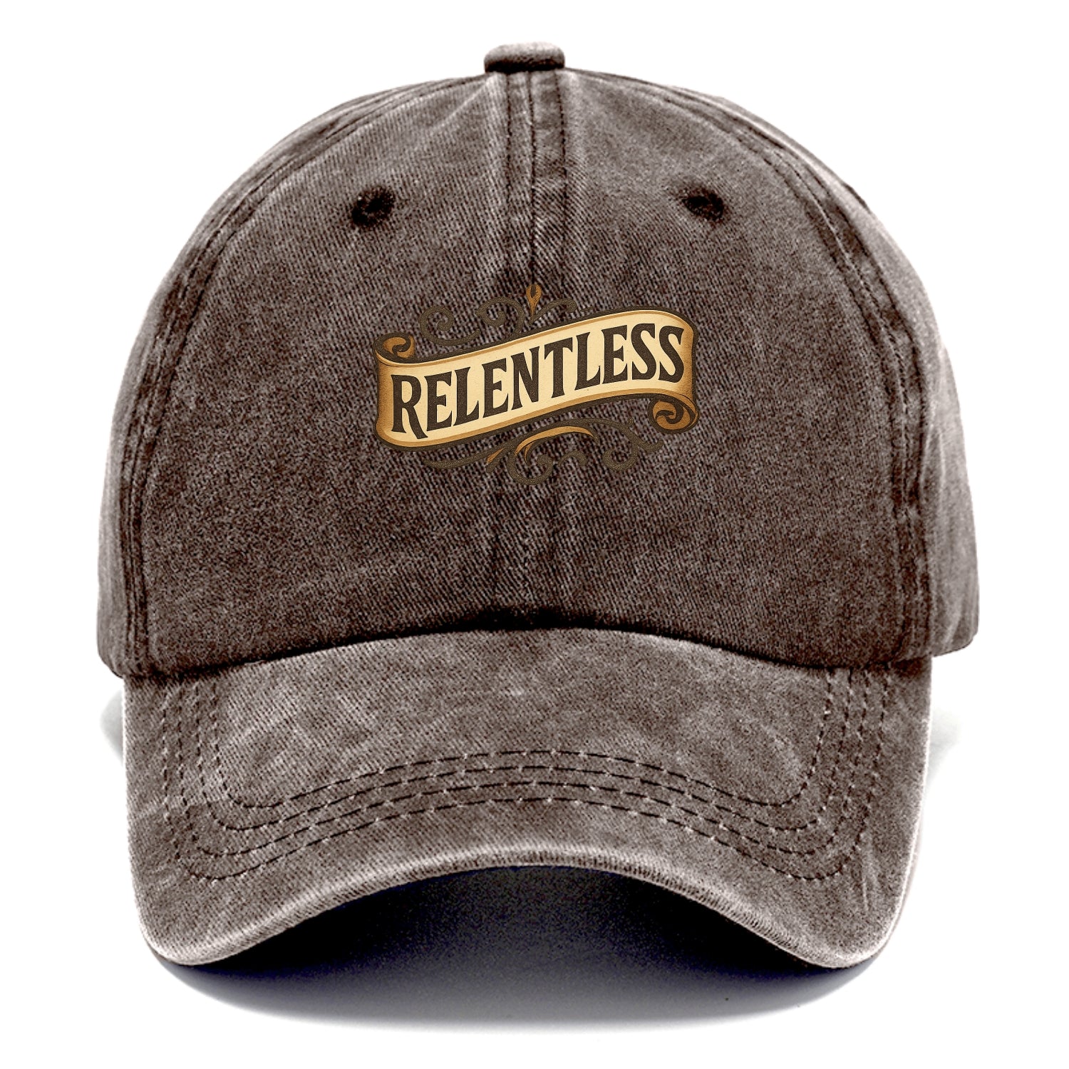 Bold typography design - "RELENTLESS" - never giving up, persistent pursuit - Classic Cap - Brown