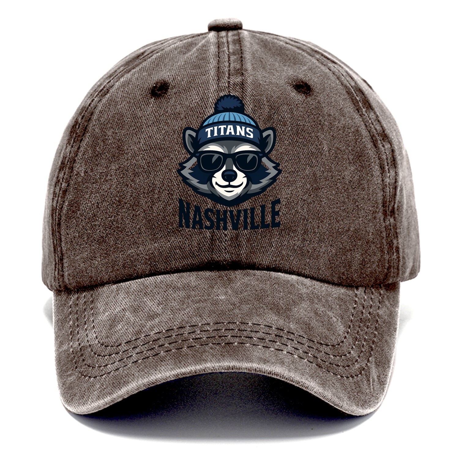 Nashville Raccoon wearing Titans navy and light blue beanie with pom pom and wayfarer - Classic Cap - Brown