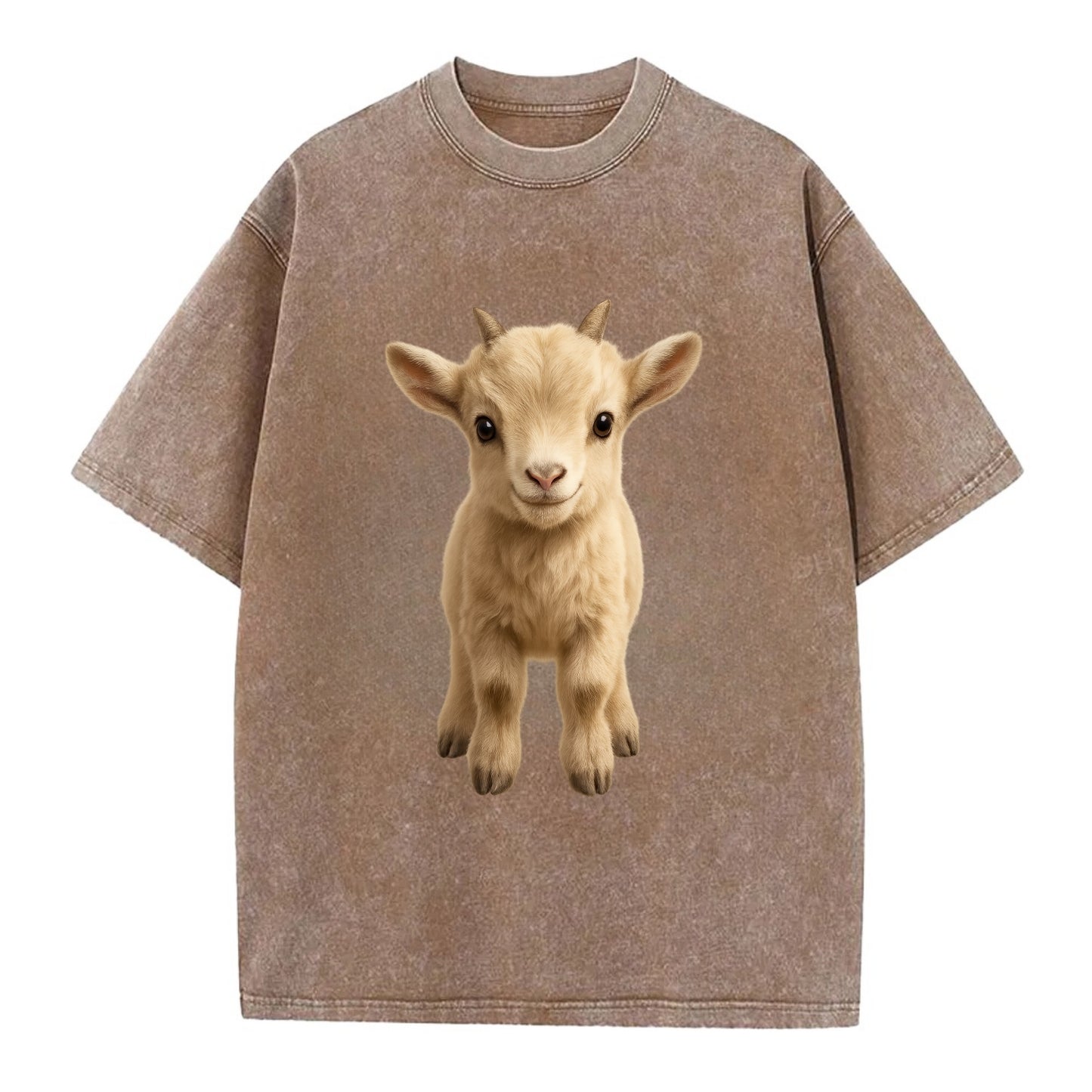 Baby Goat Kid - small horns, rectangular pupils, fluffy, playful eyes, - Vintage T-shirt - Brown