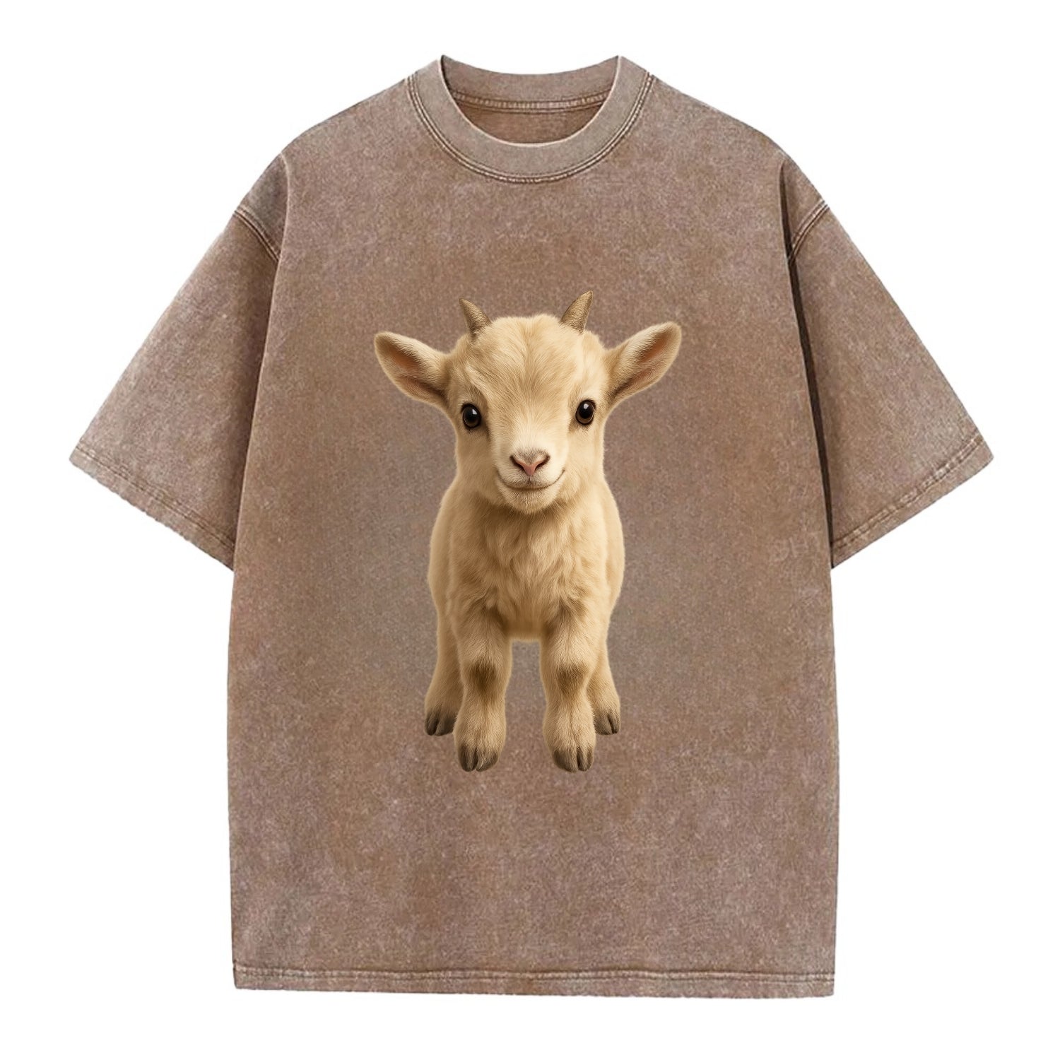 Baby Goat Kid - small horns, rectangular pupils, fluffy, playful eyes, - Vintage T-shirt - Brown