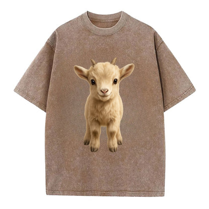 Baby Goat Kid - small horns, rectangular pupils, fluffy, playful eyes, - Vintage T-shirt - Brown