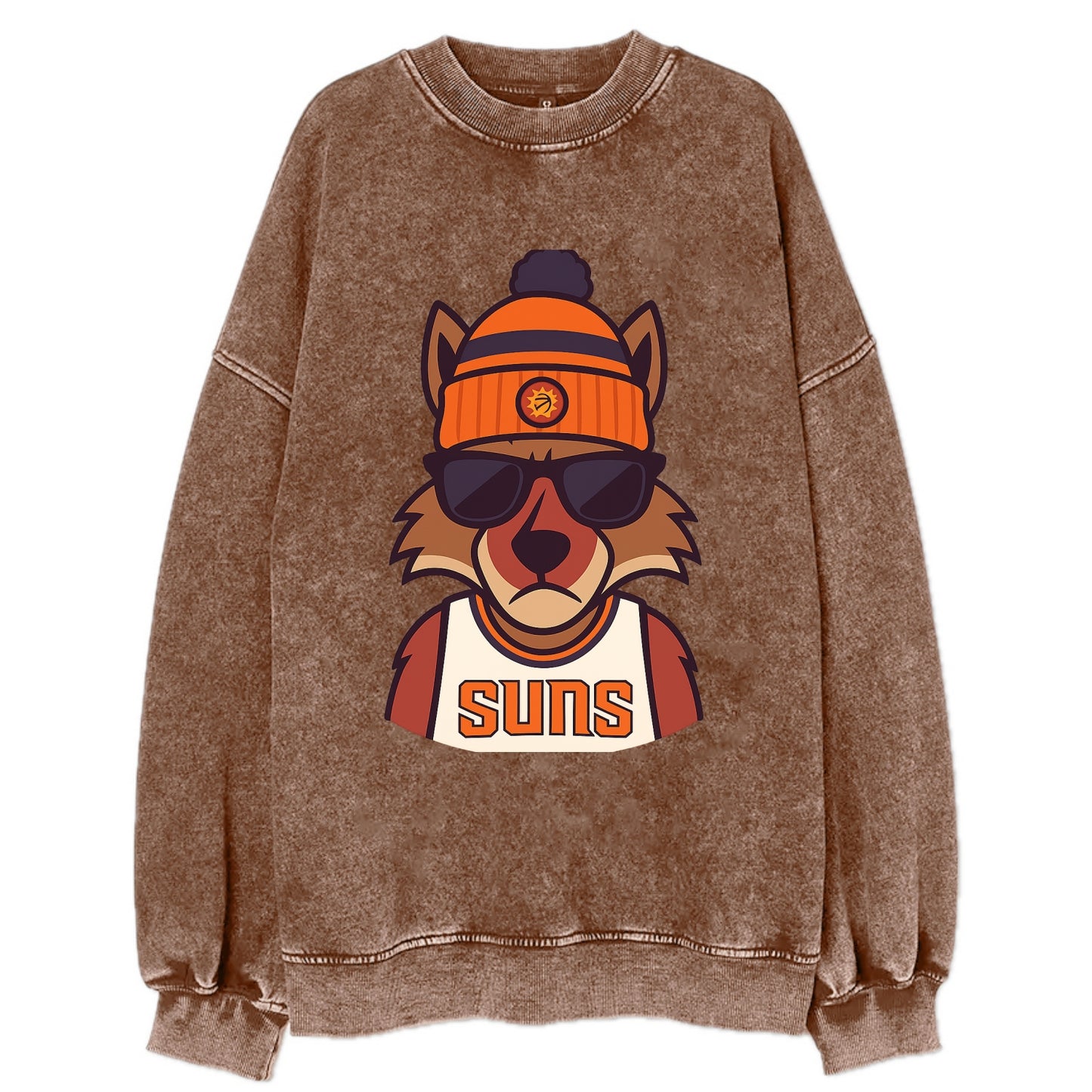 Arizona Coyote wearing Suns beanie with desert sun patch and wayfarer - Vintage Sweatshirt - Brown