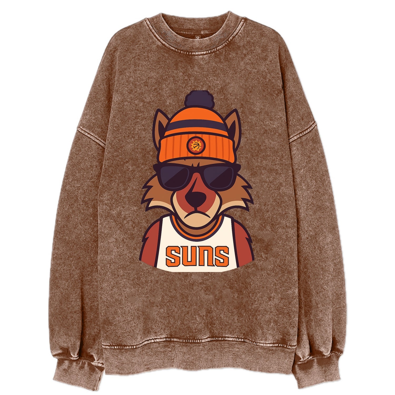 Arizona Coyote wearing Suns beanie with desert sun patch and wayfarer - Vintage Sweatshirt - Brown