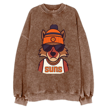 Arizona Coyote wearing Suns beanie with desert sun patch and wayfarer - Vintage Sweatshirt - Brown