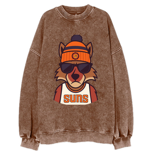 Arizona Coyote wearing Suns beanie with desert sun patch and wayfarer - Vintage Sweatshirt - Brown