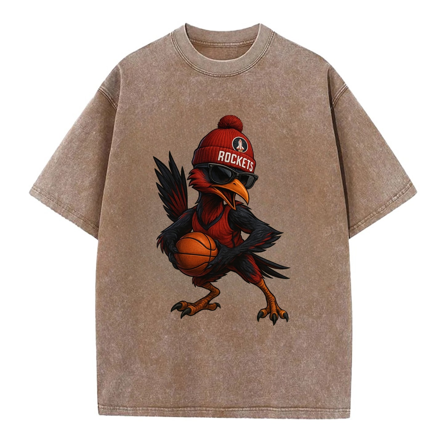 Houston Roadrunner wearing Rockets beanie with launch pad patch and wayfarer - Vintage T-shirt - Brown