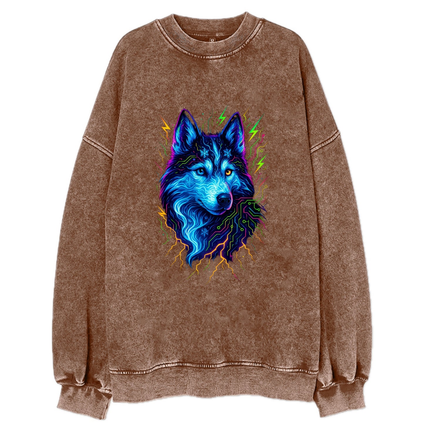 Siberian husky with ice-crystal flowing patterns, electric blue and white - Vintage Sweatshirt - Brown
