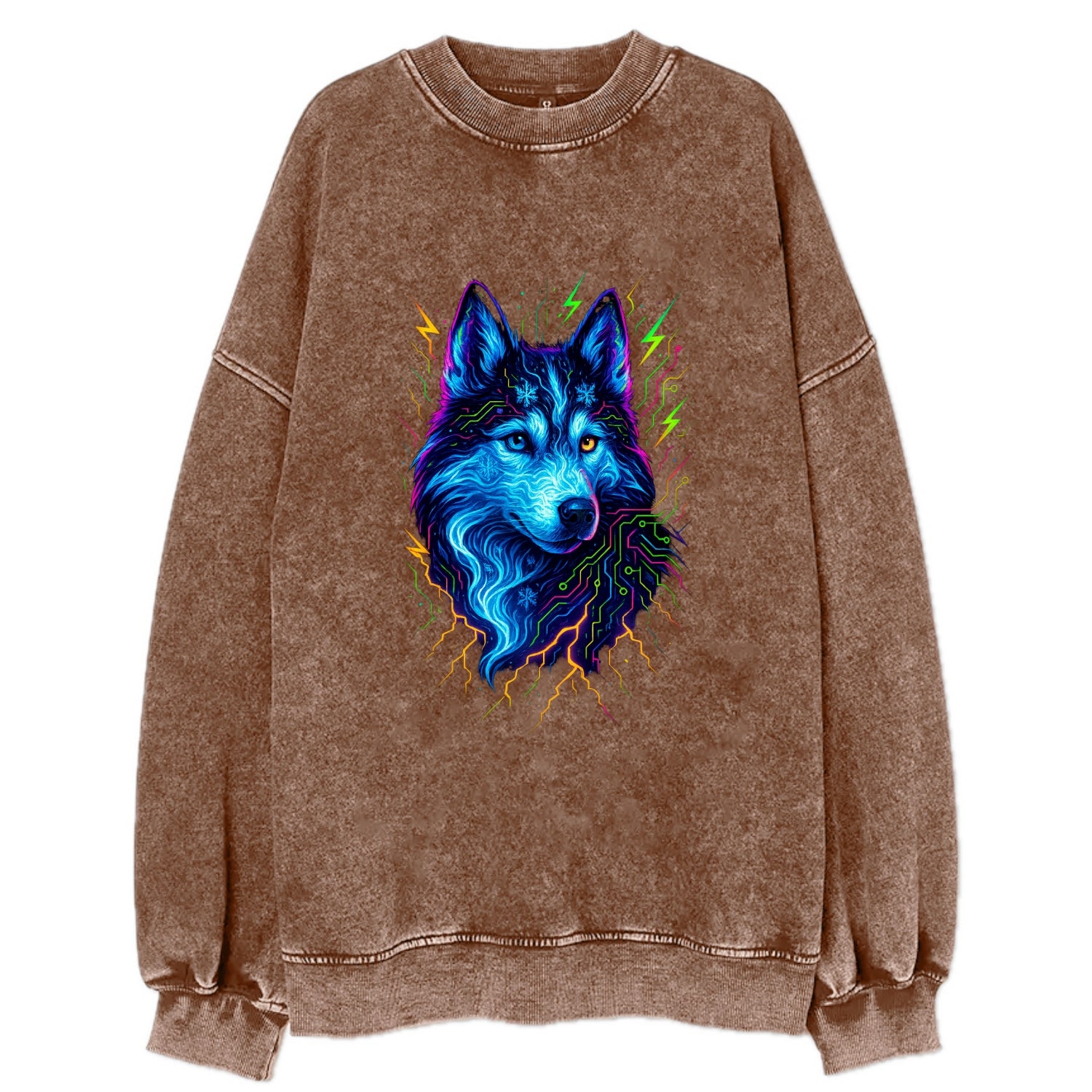 Siberian husky with ice-crystal flowing patterns, electric blue and white - Vintage Sweatshirt - Brown