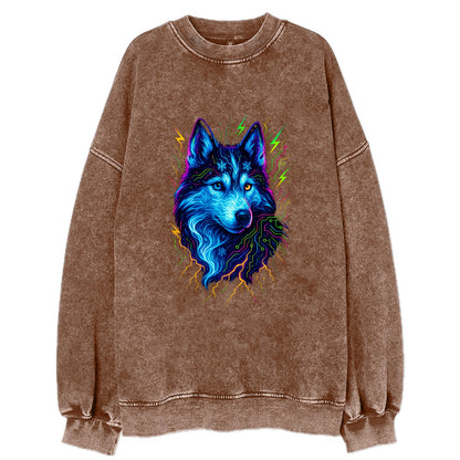 Siberian husky with ice-crystal flowing patterns, electric blue and white - Vintage Sweatshirt - Brown
