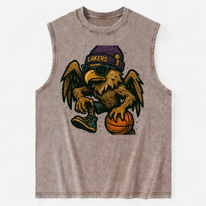 Los Angeles Golden Eagle wearing Lakers beanie with trophy patch and wayfarer - Vintage Washed Tank - Brown