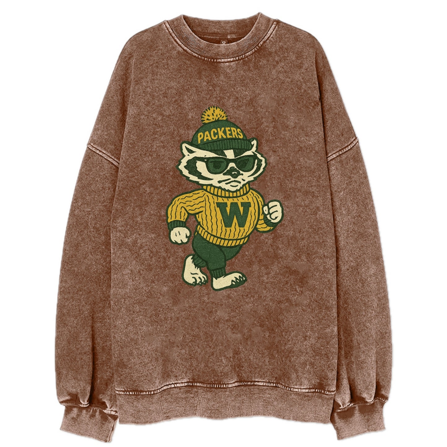 Wisconsin Badger wearing Packers green and gold beanie with pom pom and - Vintage Sweatshirt - Brown