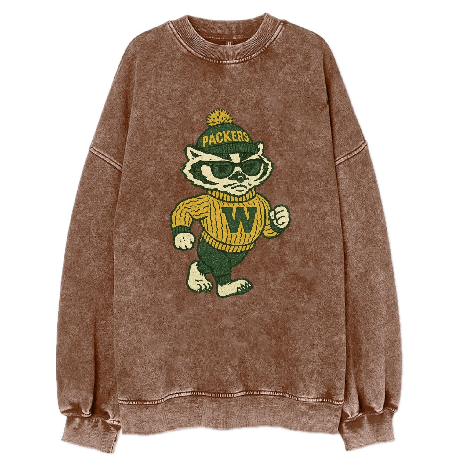 Wisconsin Badger wearing Packers green and gold beanie with pom pom and - Vintage Sweatshirt - Brown