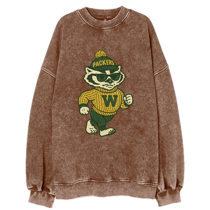 Wisconsin Badger wearing Packers green and gold beanie with pom pom and - Vintage Sweatshirt - Brown