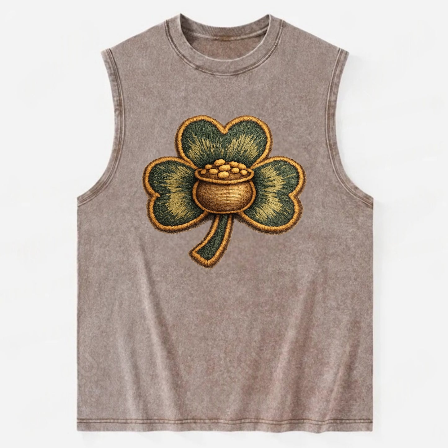ST PATRICKS CLOVER - lucky clover with gold in green and gold , Irish luck - Vintage Washed Tank - Brown