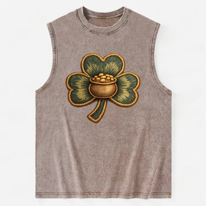 ST PATRICKS CLOVER - lucky clover with gold in green and gold , Irish luck - Vintage Washed Tank - Brown