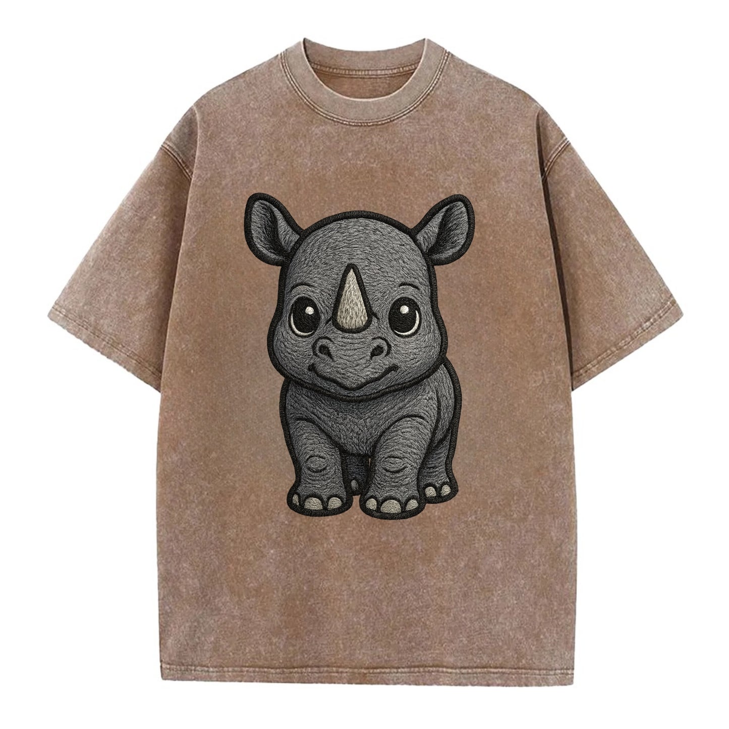 Baby Rhino - gray armor skin, tiny horn nub, round eyes, front-facing, tank baby - Vintage T-shirt - Brown