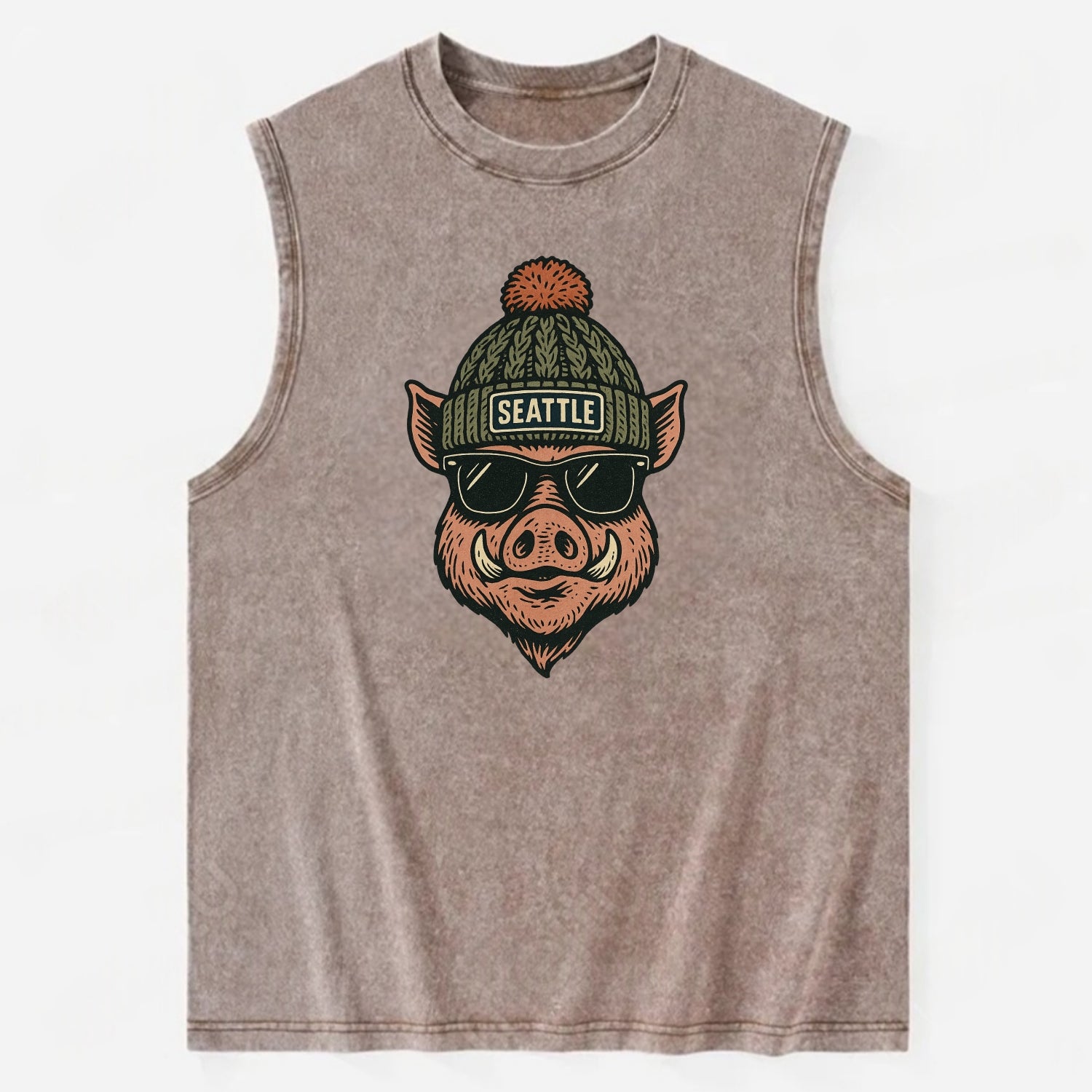 Washington Hog wearing Seattle beanie with pom pom and wayfarer sunglasses - Vintage Washed Tank - Brown
