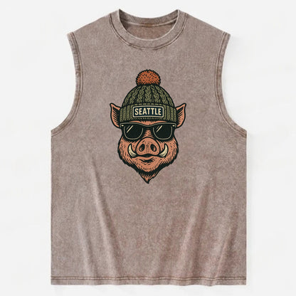 Washington Hog wearing Seattle beanie with pom pom and wayfarer sunglasses - Vintage Washed Tank - Brown