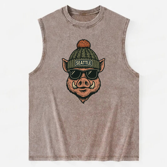 Washington Hog wearing Seattle beanie with pom pom and wayfarer sunglasses - Vintage Washed Tank - Brown