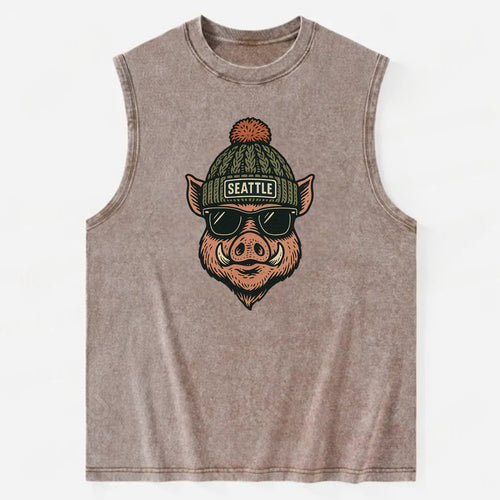 Washington Hog wearing Seattle beanie with pom pom and wayfarer sunglasses - Vintage Washed Tank