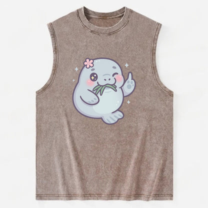 chubby manatee munching on seagrass, one flipper raised with sass - Vintage Washed Tank - Brown