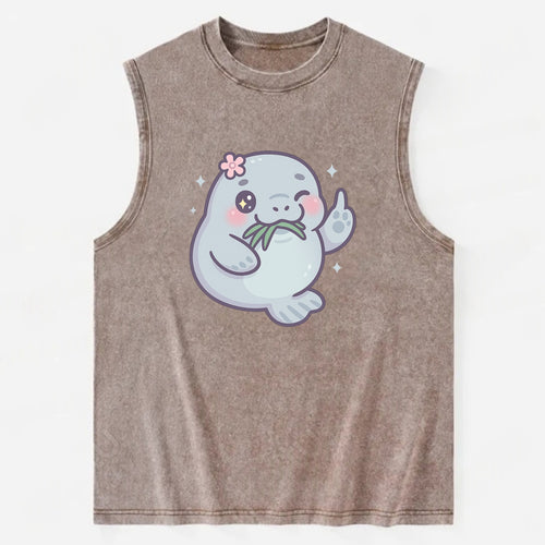 chubby manatee munching on seagrass, one flipper raised with sass - Vintage Washed Tank