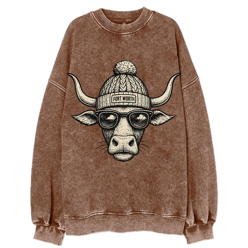 Fort Worth Longhorn wearing Fort Worth beanie with pom pom and wayfarer - Vintage Sweatshirt