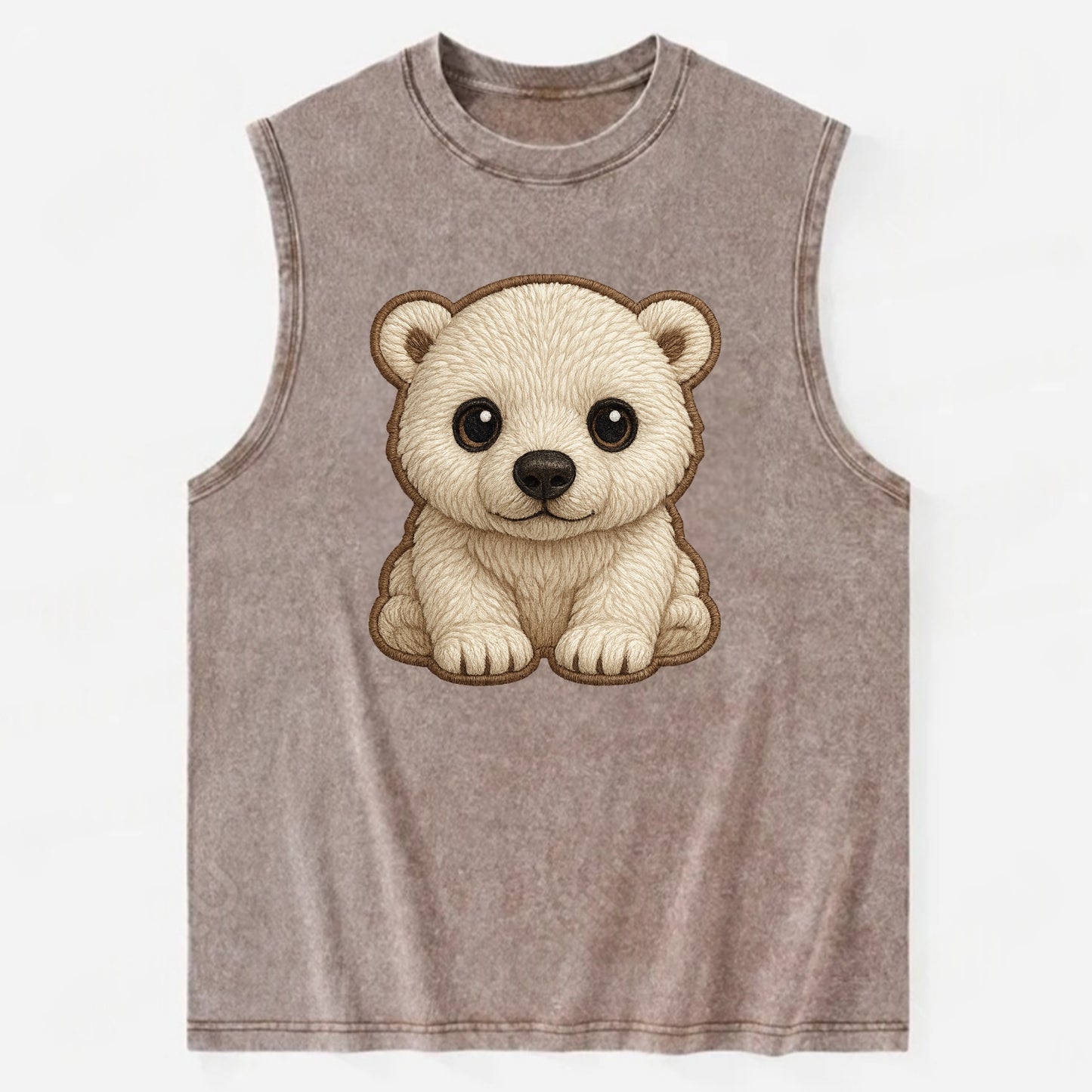 Baby Polar Bear Cub - white fluffy, black nose, dark curious eyes, - Vintage Washed Tank - Brown