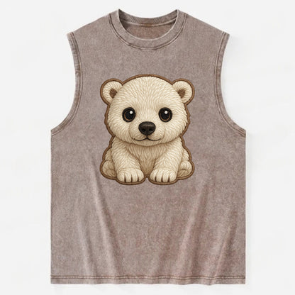 Baby Polar Bear Cub - white fluffy, black nose, dark curious eyes, - Vintage Washed Tank - Brown