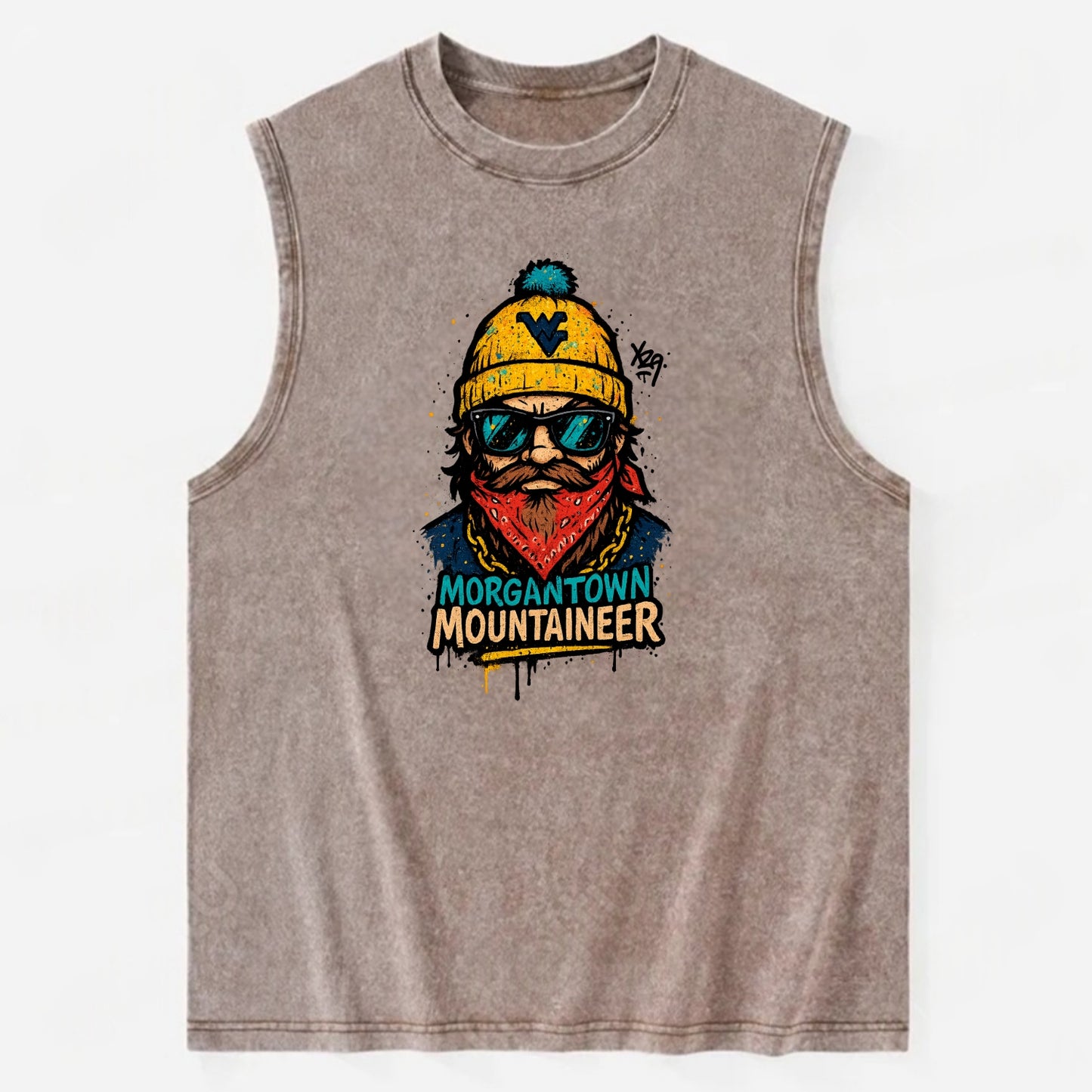 Morgantown Mountaineer wearing West Virginia beanie with WV patch - Vintage Washed Tank - Brown