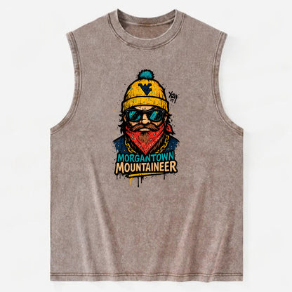 Morgantown Mountaineer wearing West Virginia beanie with WV patch - Vintage Washed Tank - Brown