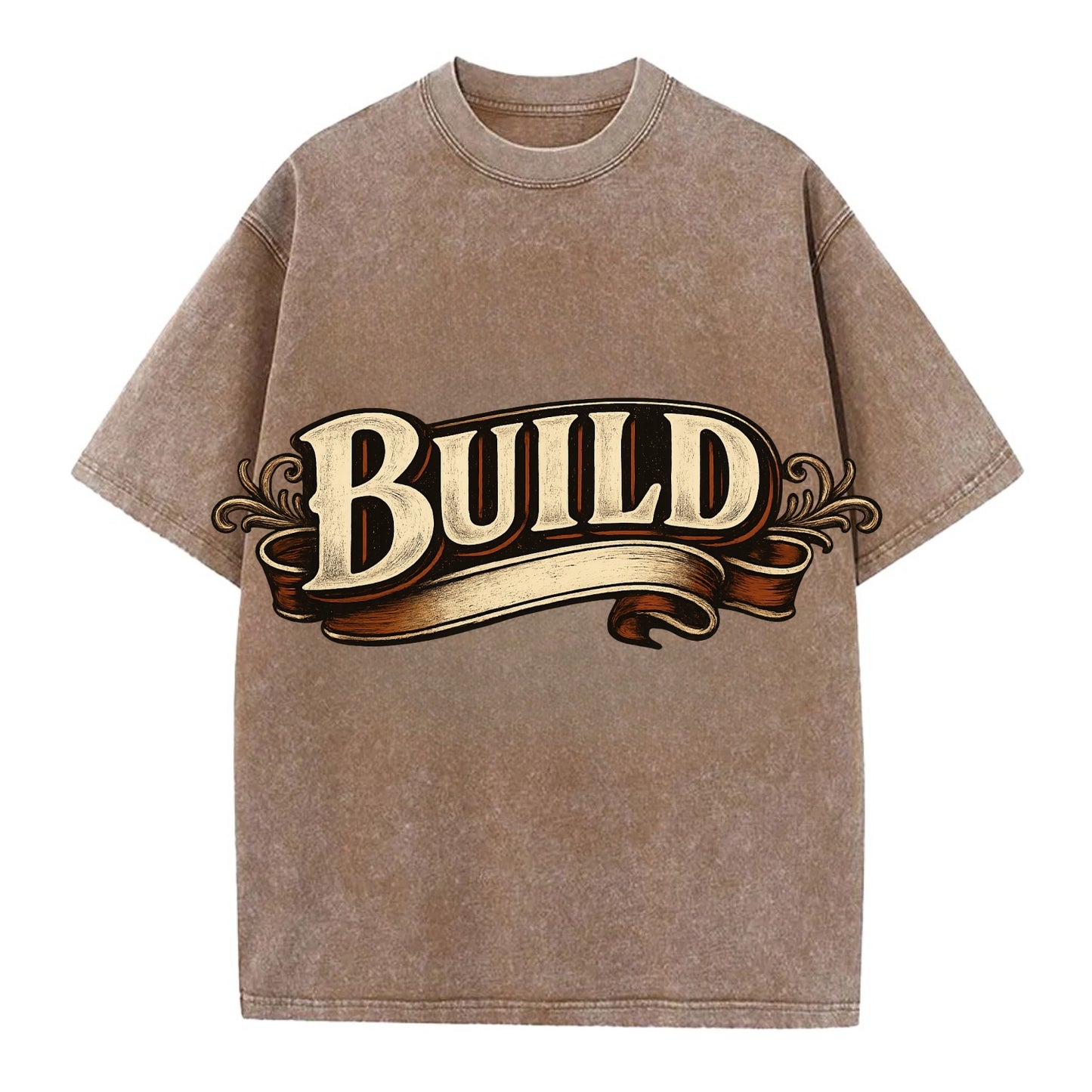 Bold typography design - "BUILD" - constructing, making real - Vintage T-shirt - Brown