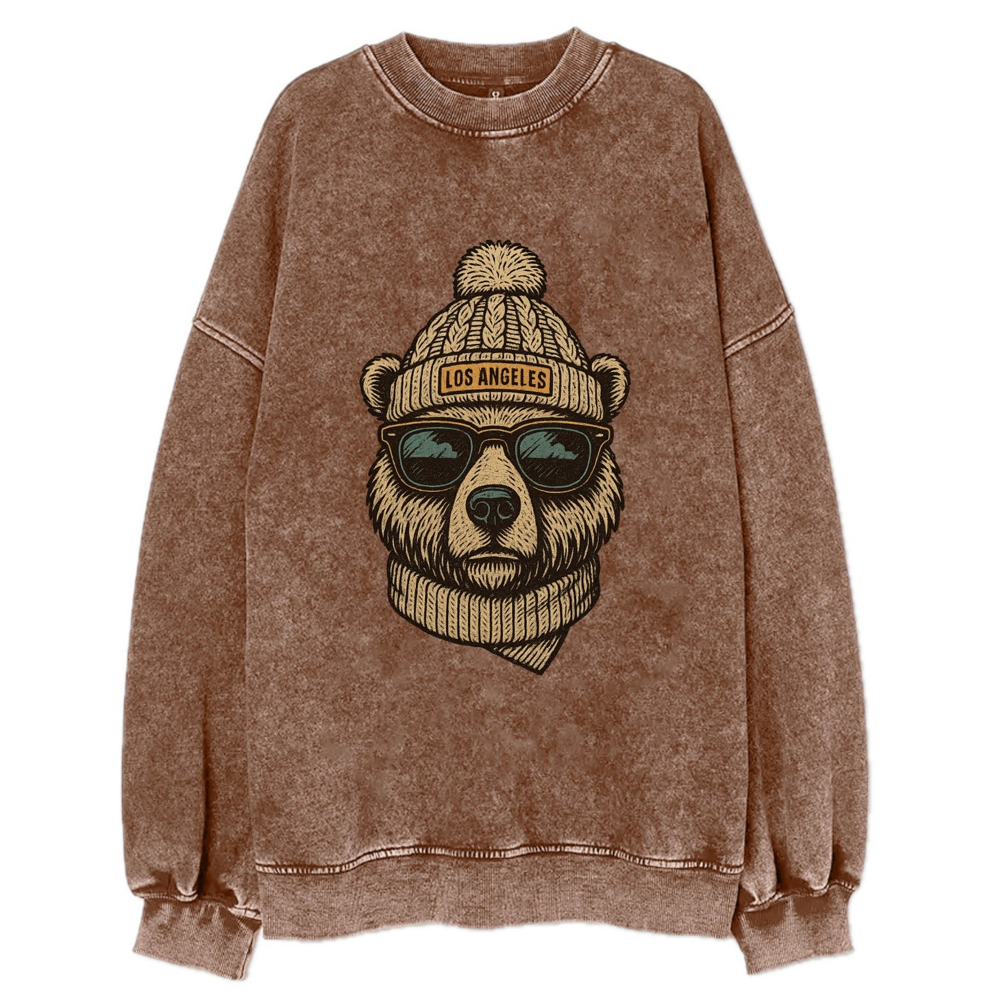 California Grizzly Bear wearing Los Angeles beanie with pom pom and wayfarer - Vintage Sweatshirt - Brown