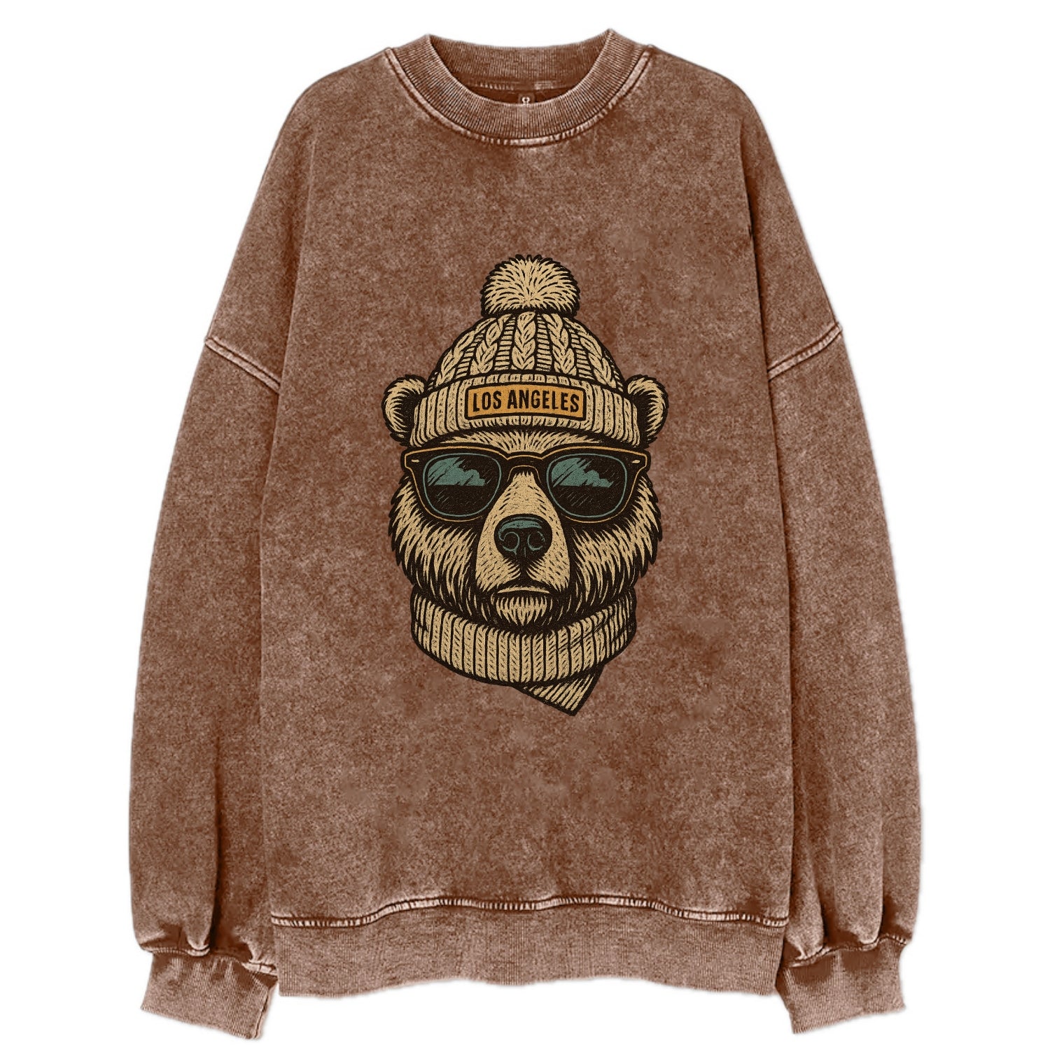 California Grizzly Bear wearing Los Angeles beanie with pom pom and wayfarer - Vintage Sweatshirt - Brown