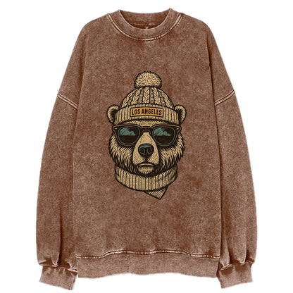 California Grizzly Bear wearing Los Angeles beanie with pom pom and wayfarer - Vintage Sweatshirt - Brown
